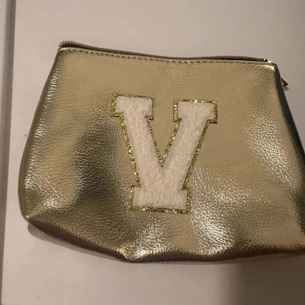 Gold Metallic Cosmetic Bag with V Stitch Detail